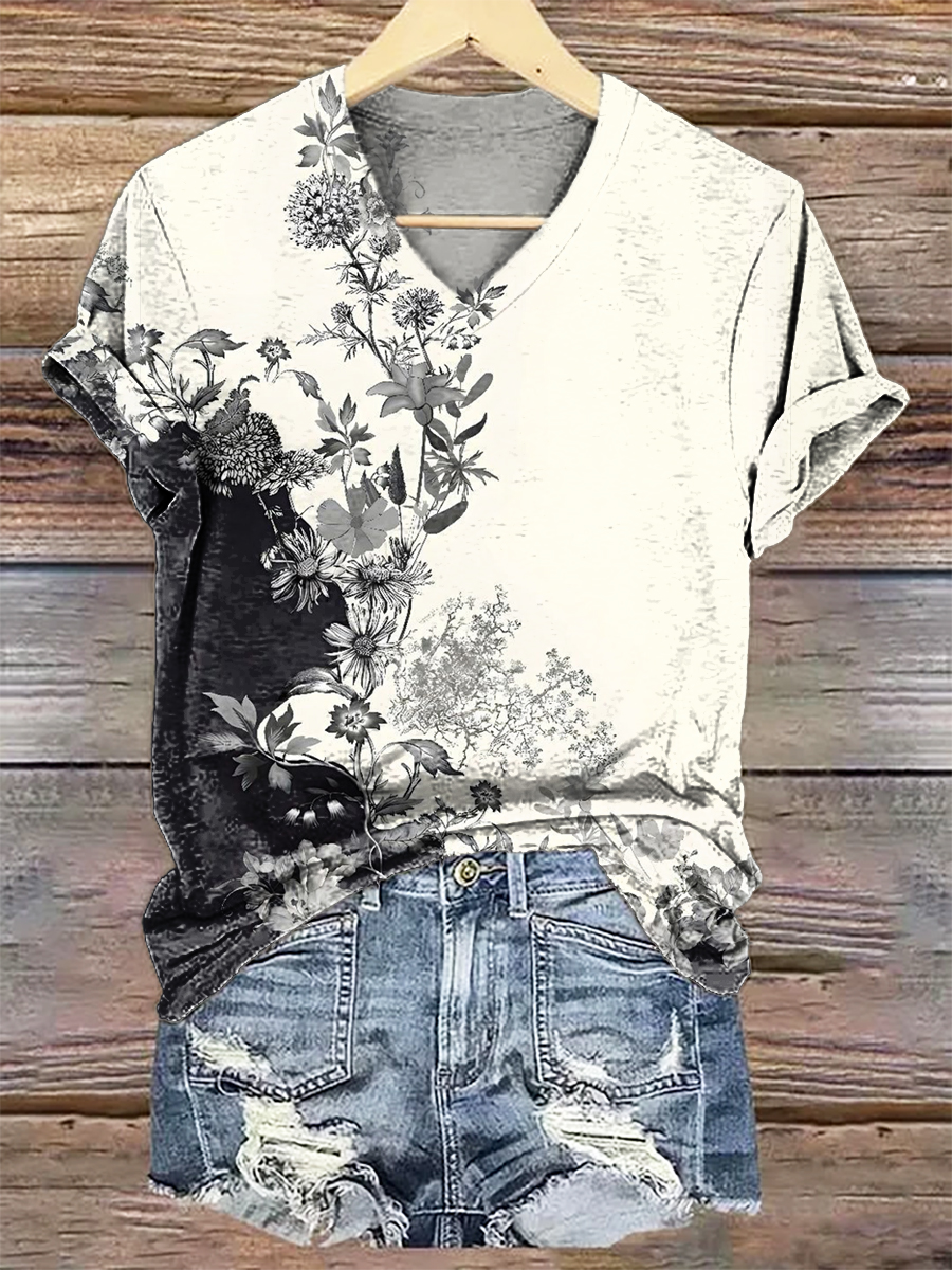 Women's Floral Art Print V-Neck Casual T-Shirt