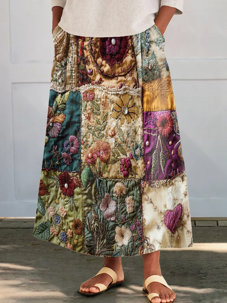 Women's Vintage Patchwork Floral Print Cotton and Linen Pocket Skirt