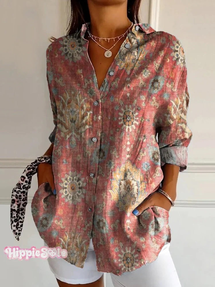 Women's Vintage Floral Bird Art Print Casual Cotton Shirt Women's Vintage Floral Bird Art Print Casual Cotton Shirt