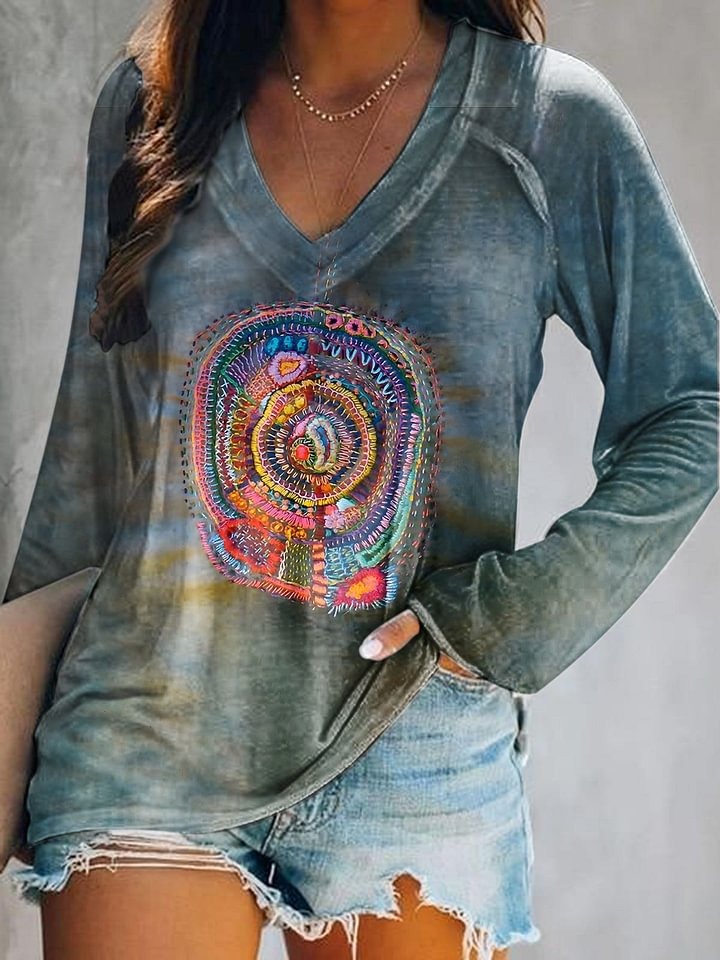 Unisex Vintage Line Embroidery Printed Casual Loose Short Sleeve T-Shirt