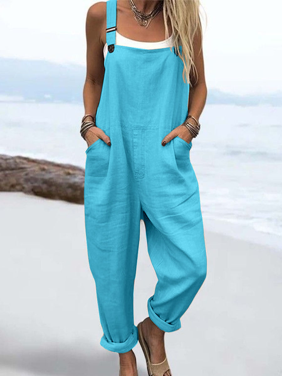 Wome's Vacation Retro  Casual Cotton Linen Wide Leg Jumpsuit