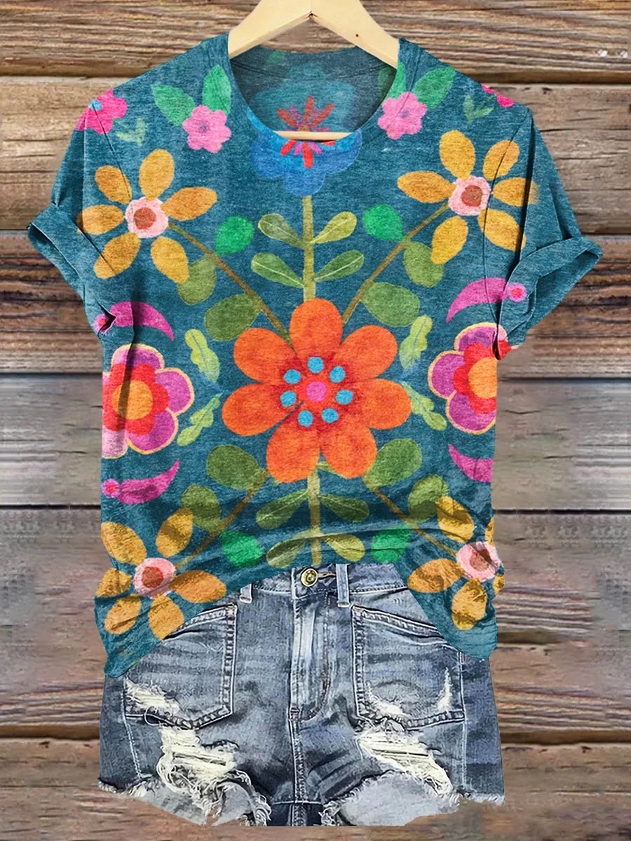 Women's Bohemian Floral Art Print Casual Cotton Linen Shirt