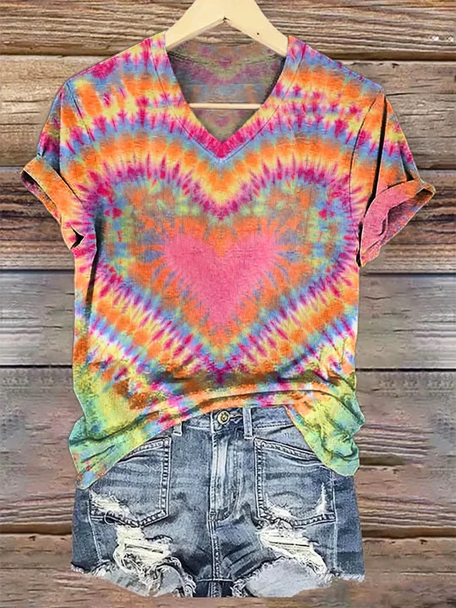 Women's Valentine's Day Colorful Heart Tie Dye Print Casual Long Sleeve Comfortable Cotton Shirt