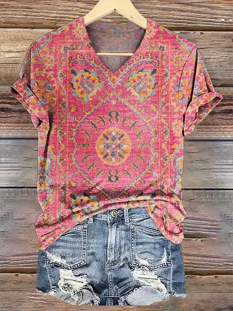 Women's Retro Flower Print V-neck Casual T-Shirt