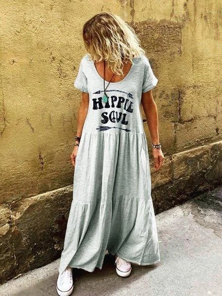Letter Short Sleeve Crew Neck Boho Dress Letter Short Sleeve Crew Neck Boho Dress
