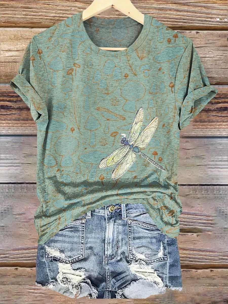 Women's Dragonfly Art Print V-neck Casual T-Shirt
