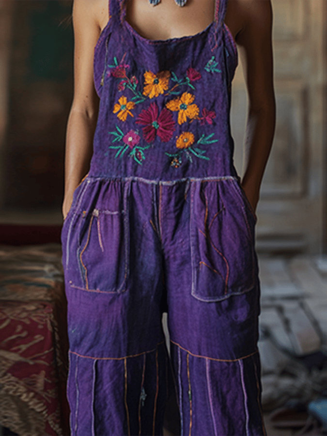 Women's Vintage Floral Embroidered Pattern Art Linen Blend Loose Casual Jumpsuit