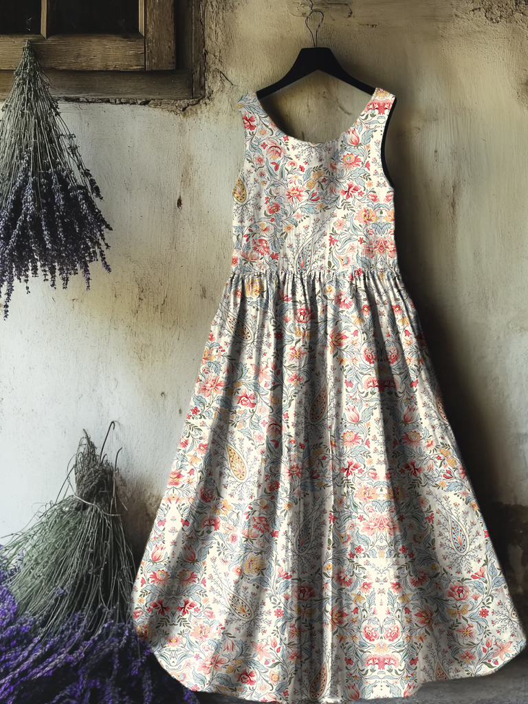 Women's Retro Paisley Floral Art Print Sleeveless Cotton Pocket Dress