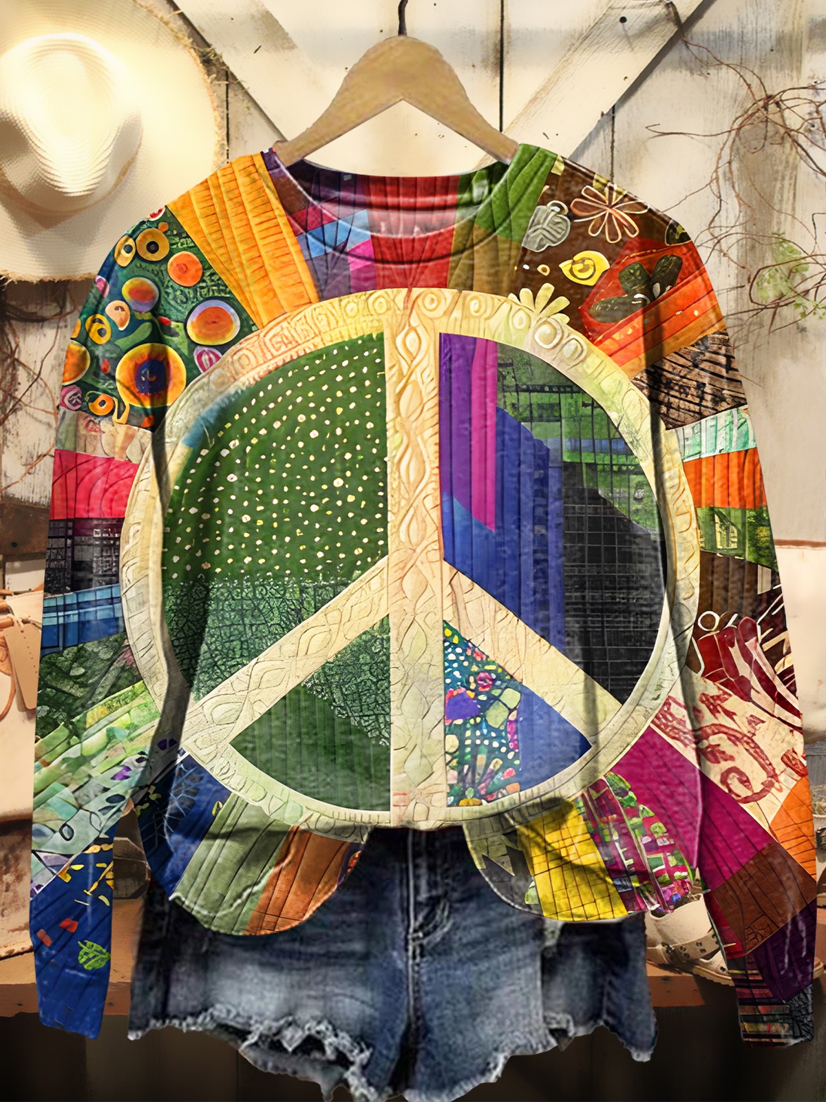 Women's Retro Peace Pattern Print Pocket Cotton Dress