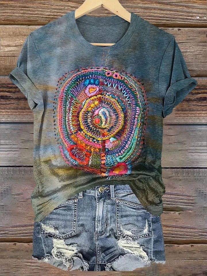 Unisex Vintage Line Embroidery Printed Casual Loose Short Sleeve T-Shirt
