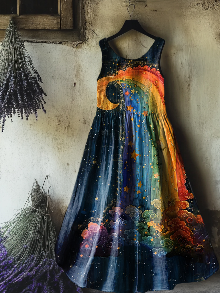 Women's Moon Rainbow Pattern Art Print Round Neck Sleeveless Cotton Pocket Dress