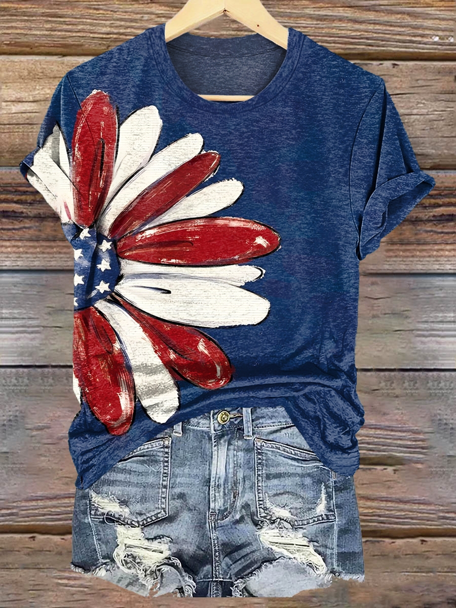 Women's Daisy American Flag Independence Day Print Crew Neck T-Shirt