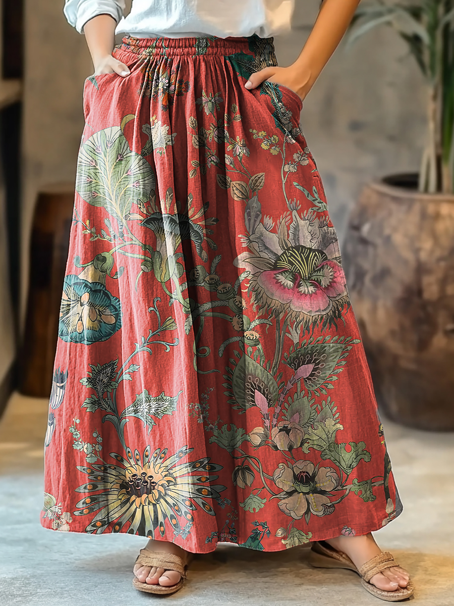 Retro Flowers Print Women's Cotton Skirt