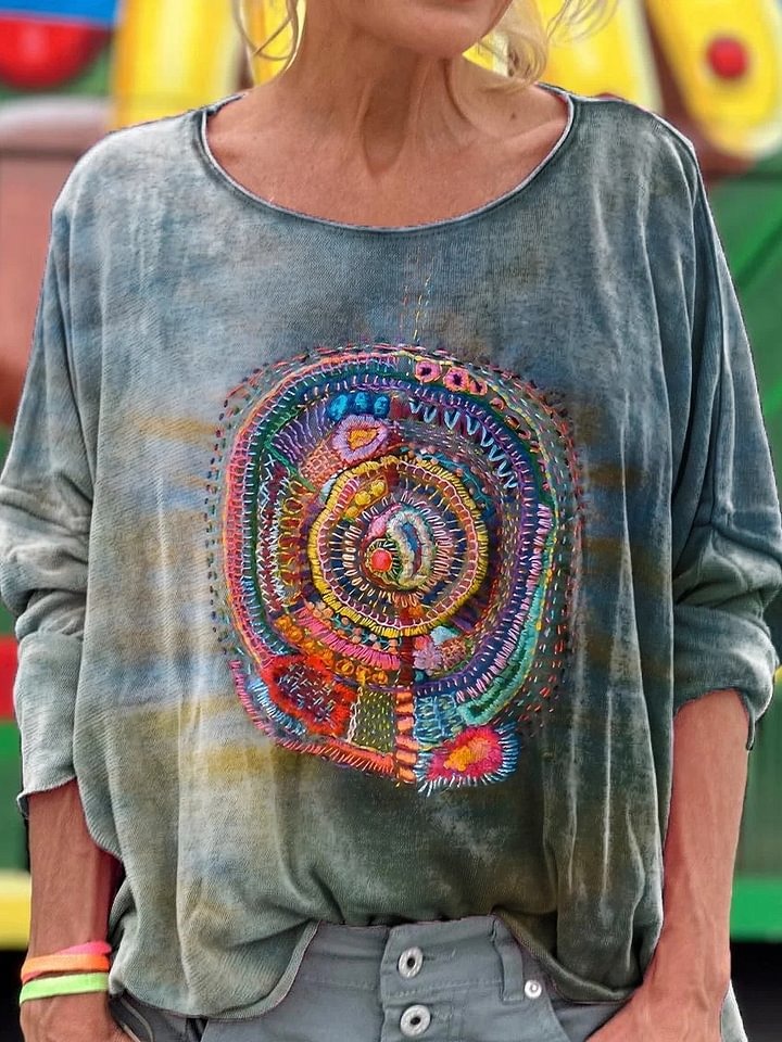 Unisex Vintage Line Embroidery Printed Casual Loose Short Sleeve T-Shirt