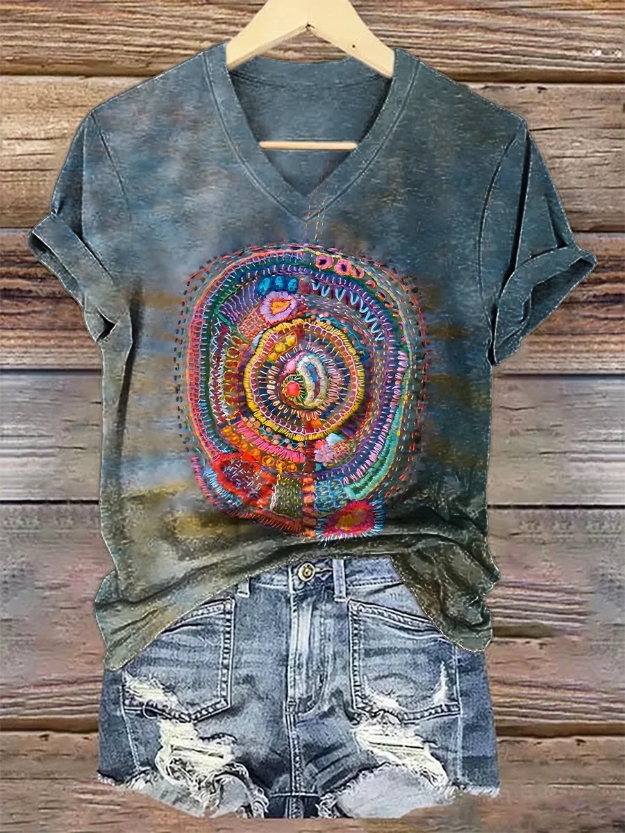 Unisex Vintage Line Embroidery Printed Casual Loose Short Sleeve T-Shirt
