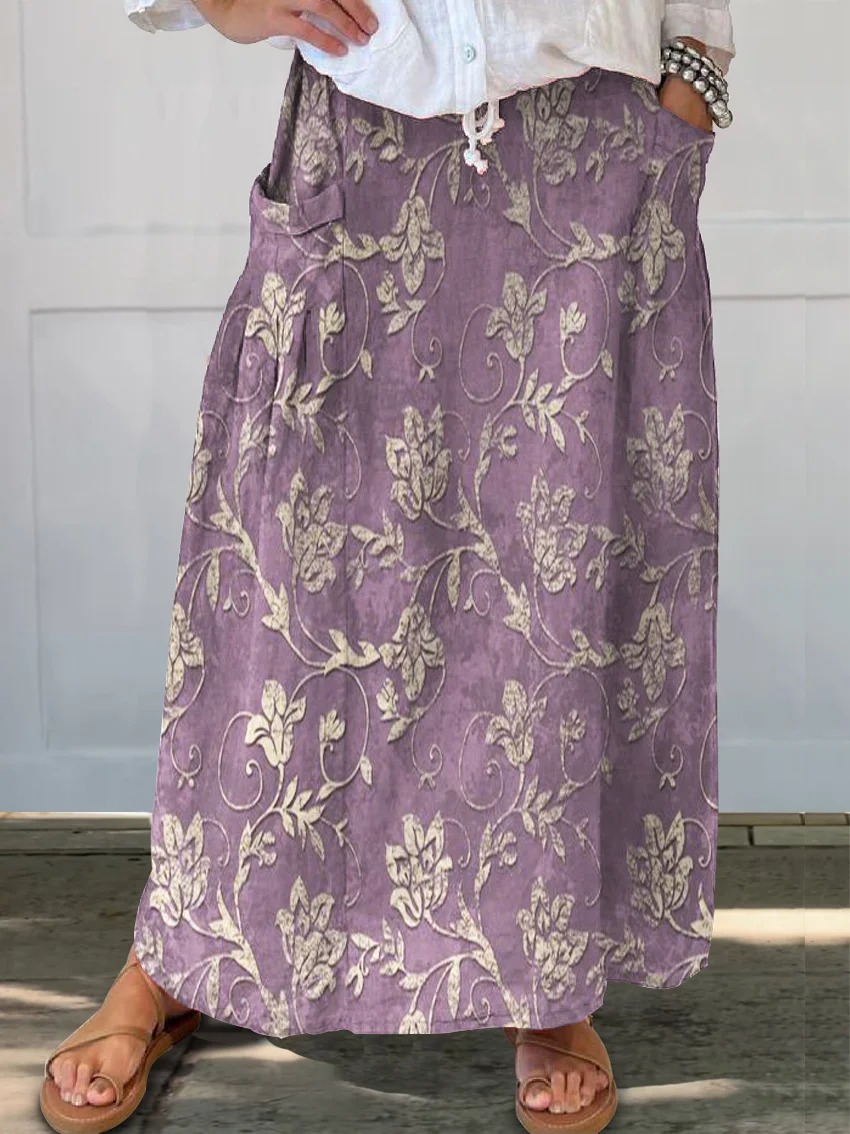 Women's Flower Art Print Linen Pocket Skirt Women's Flower Art Print Linen Pocket Skirt