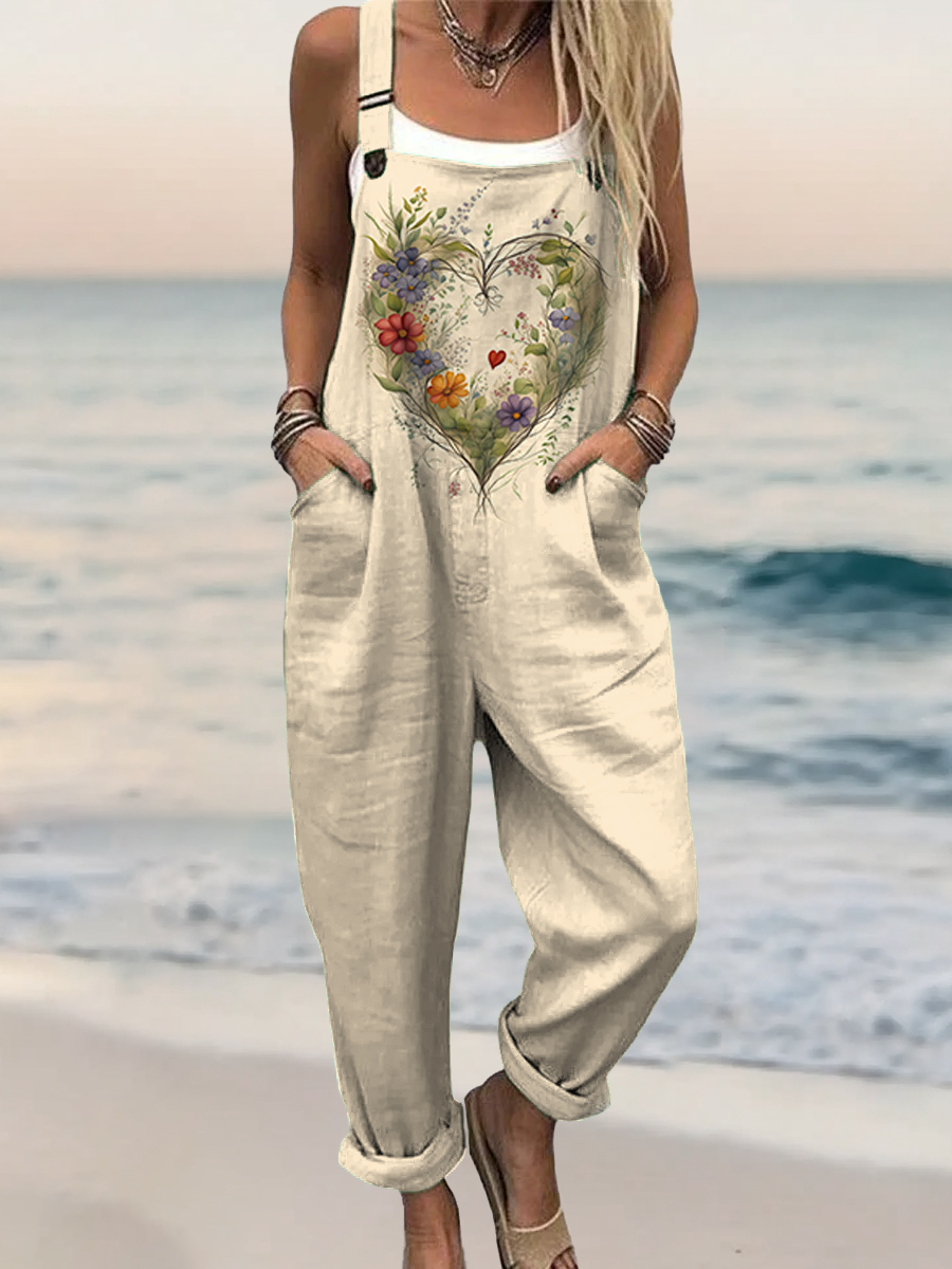 Women's Floral Heart Pattern Art Print Casual 100% Cotton Wide Leg Jumpsuit