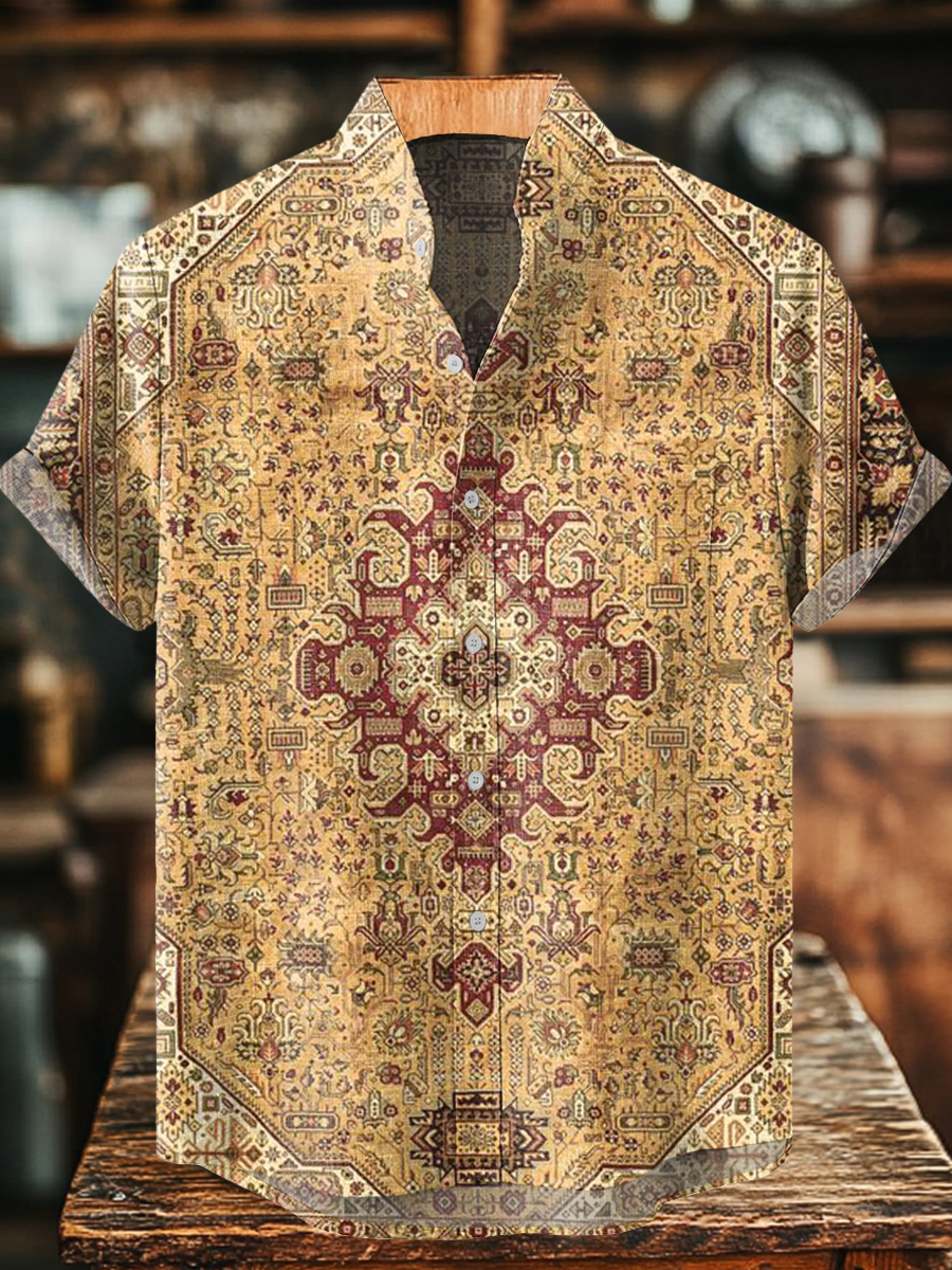 Men's Retro National Totem Print Casual Short Sleeve 100% Cotton Shirt