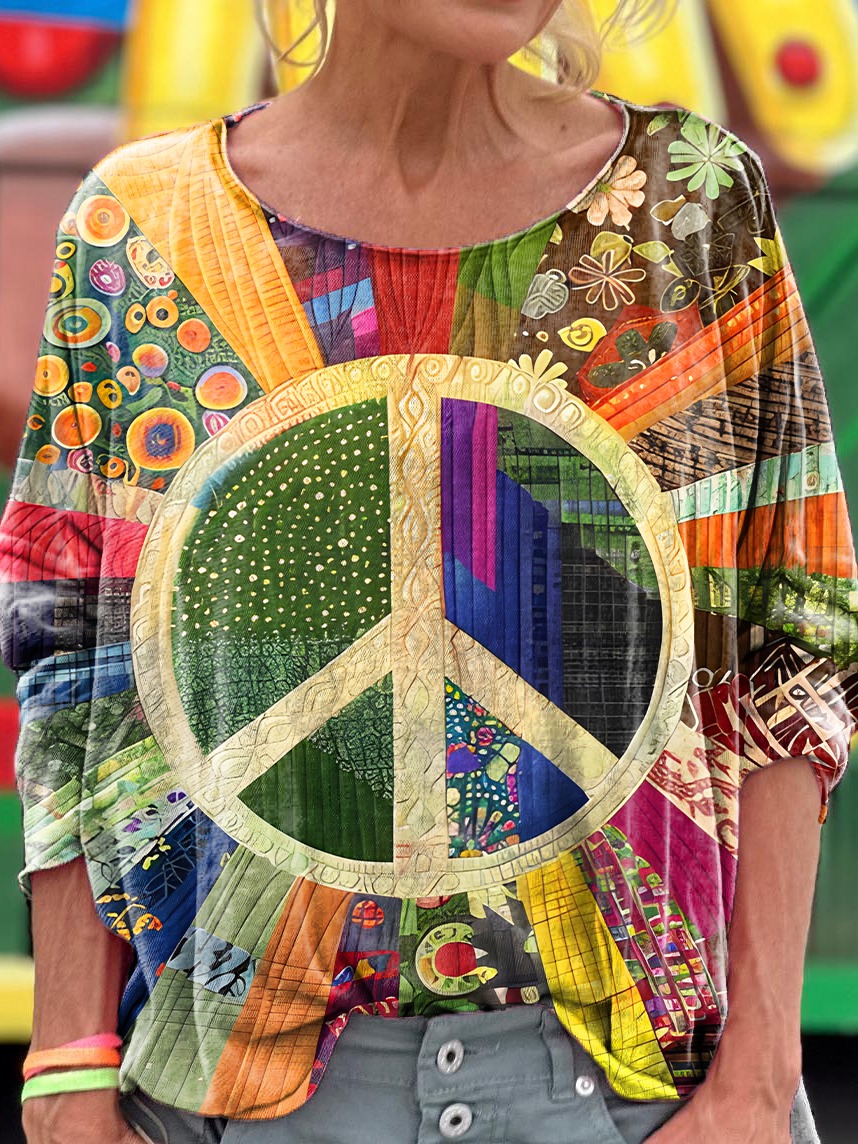 Women's Retro Peace Pattern Print Pocket Cotton Dress