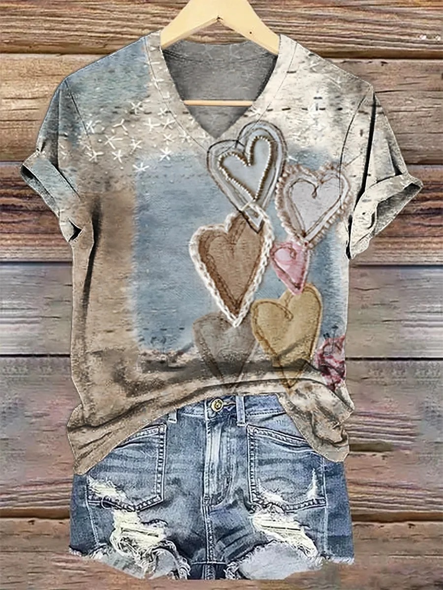 Valentine'S Day Vintage Heart Pattern Print Crew Neck T-shirt Valentine'S Day Vintage Heart Pattern Print Crew Neck T-shirt