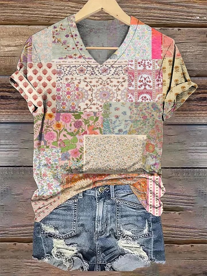 Women's Retro Flower Print V-neck Casual T-Shirt