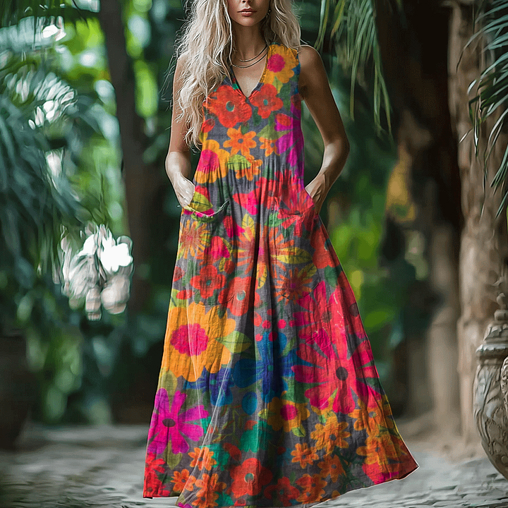 Elegant Retro Bohemian Floral Print Sleeveless Maxi Dress