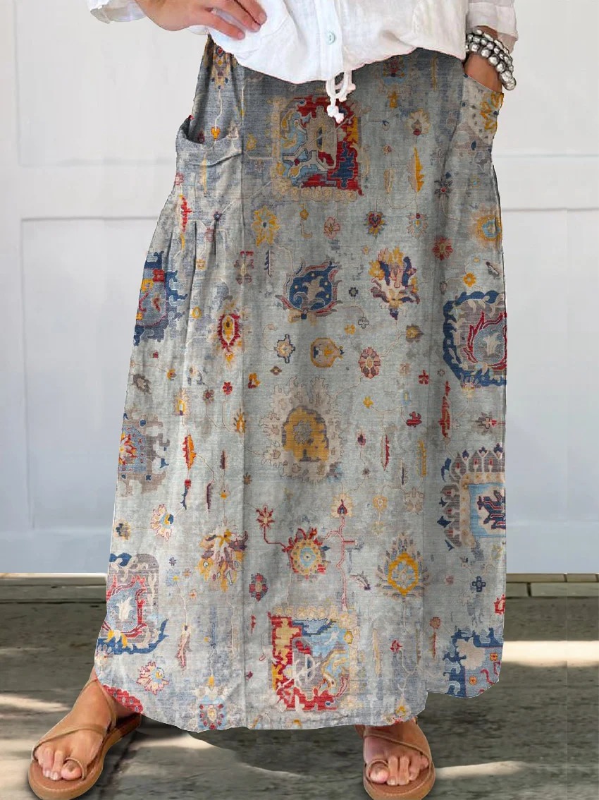 Women's Flower Art Print Linen Pocket Skirt Women's Flower Art Print Linen Pocket Skirt