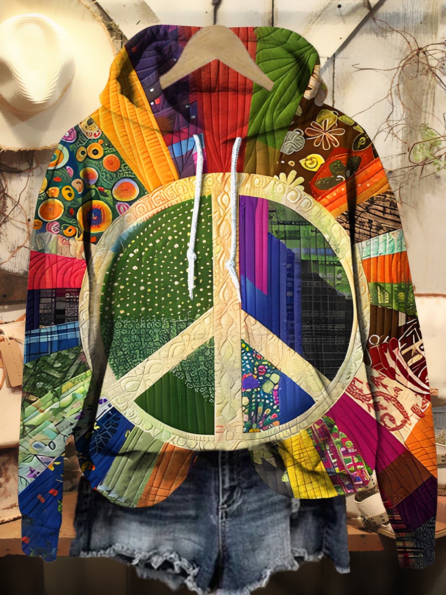 Women's Retro Peace Pattern Print Pocket Cotton Dress
