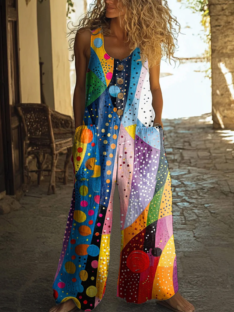 Women's Colorful Irregular Wave Pattern Art Print Casual Suspenders Wide Leg Pants
