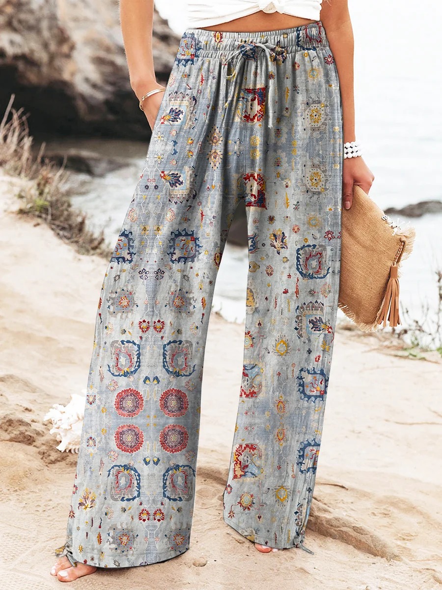 Women's Retro Flower Print Linen Pocket Skirt