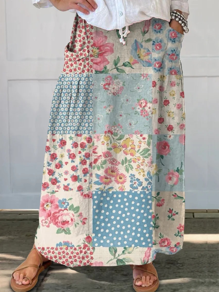 Women's Flower Art Print Linen Pocket Skirt Women's Flower Art Print Linen Pocket Skirt