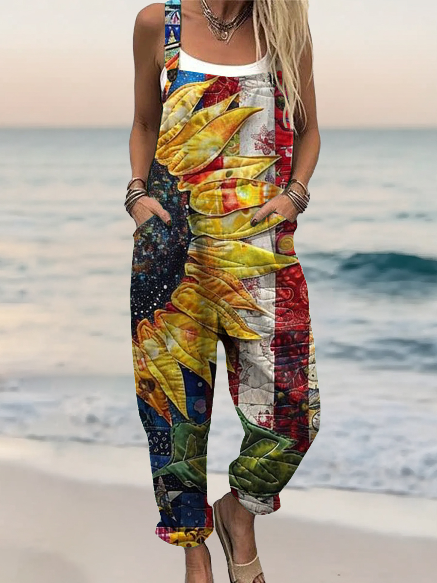 Women's Colorful Daisy Art Print Casual 100% Cotton Wide Leg Jumpsuit
