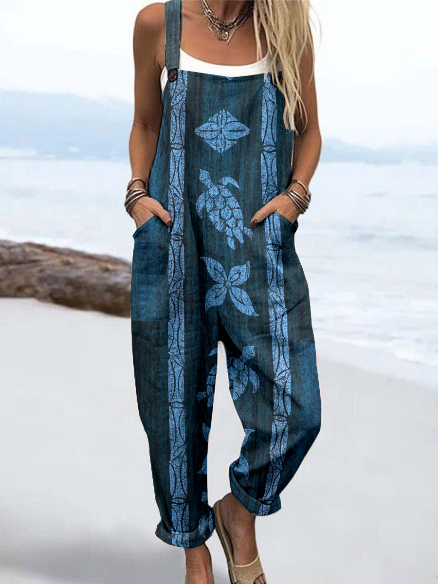 Wome'S Retro Turtle Pattern Print Casual Cotton Wide Leg Jumpsuit