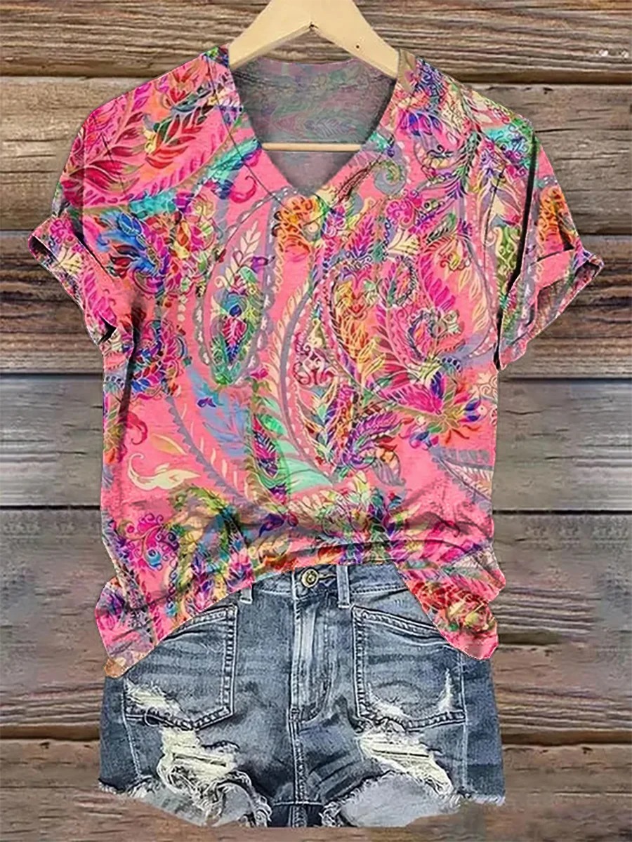 Women's Retro Flower Print V-neck Casual T-Shirt