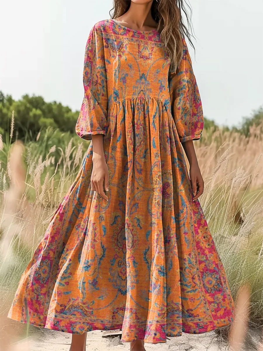 Women's Vintage Folk Art Floral Pattern Print Pocket Cotton Dress