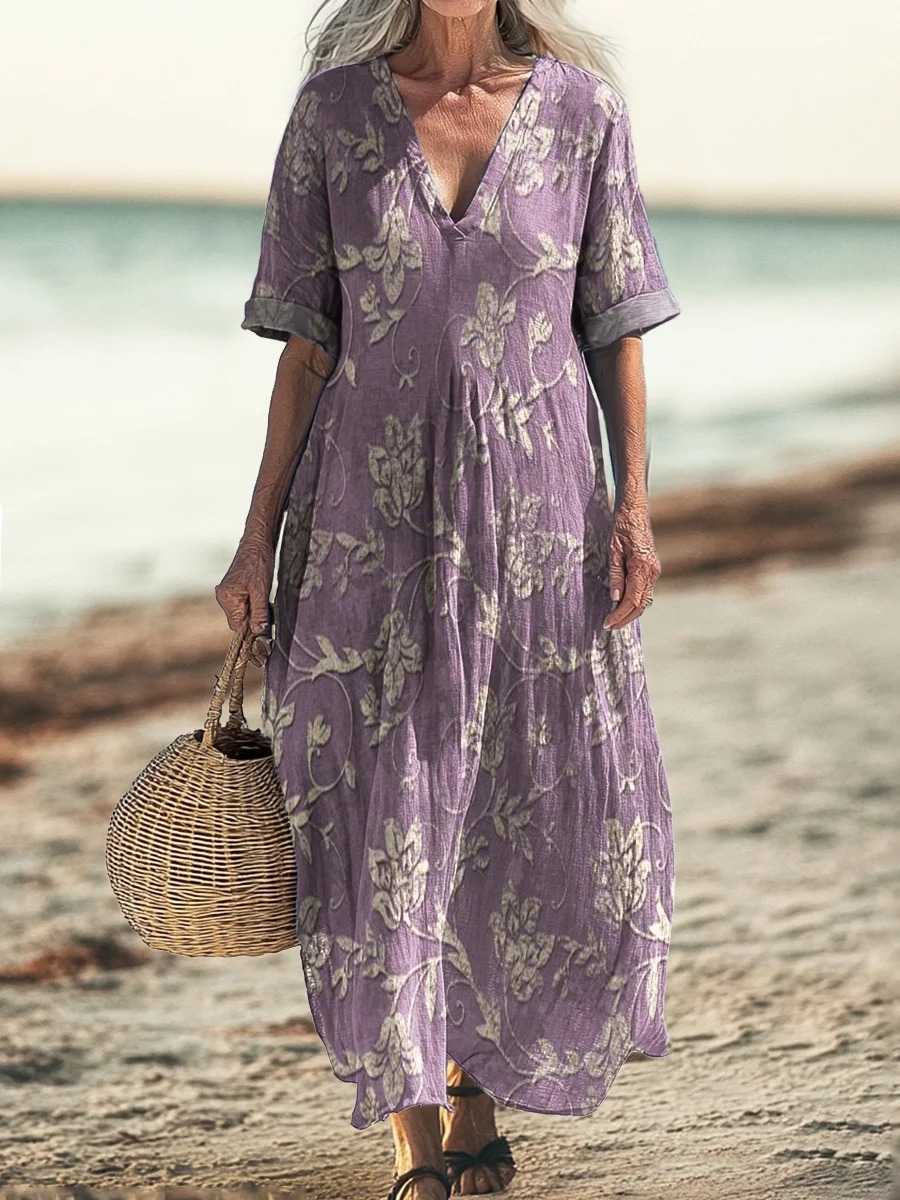 Women's Vintage Folk Art Floral Pattern Print Pocket Cotton Dress
