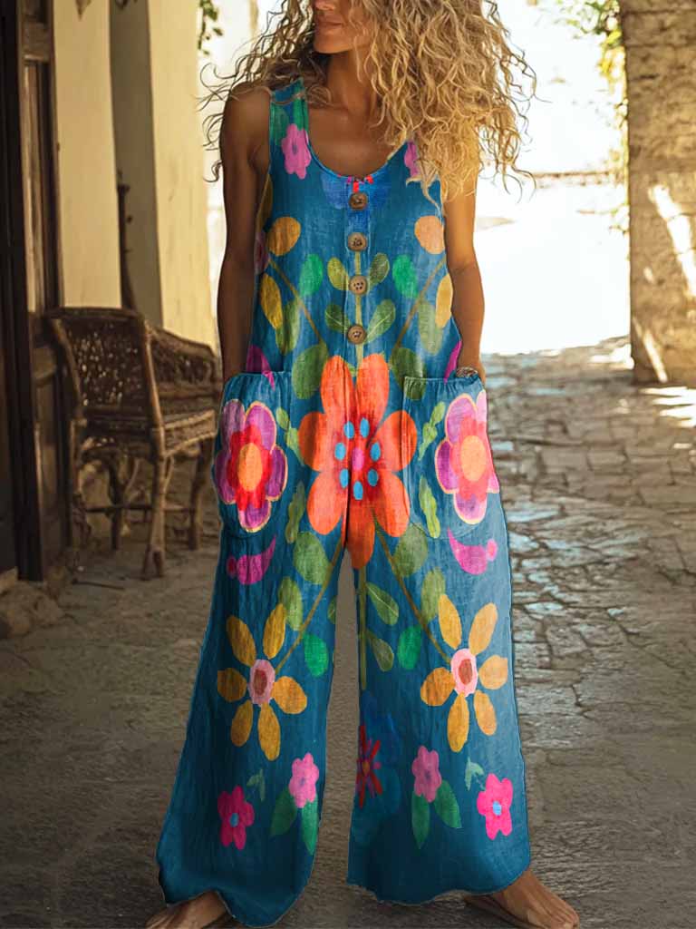 Women's Boho Floral Art Print Casual 100% Cotton Wide Leg Jumpsuit