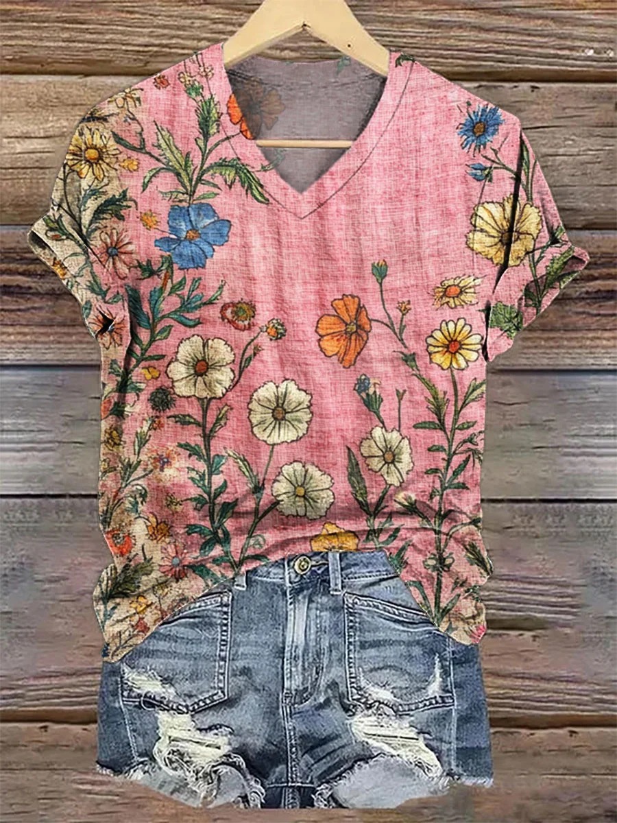 Women's Retro Flower Print V-neck Casual T-Shirt