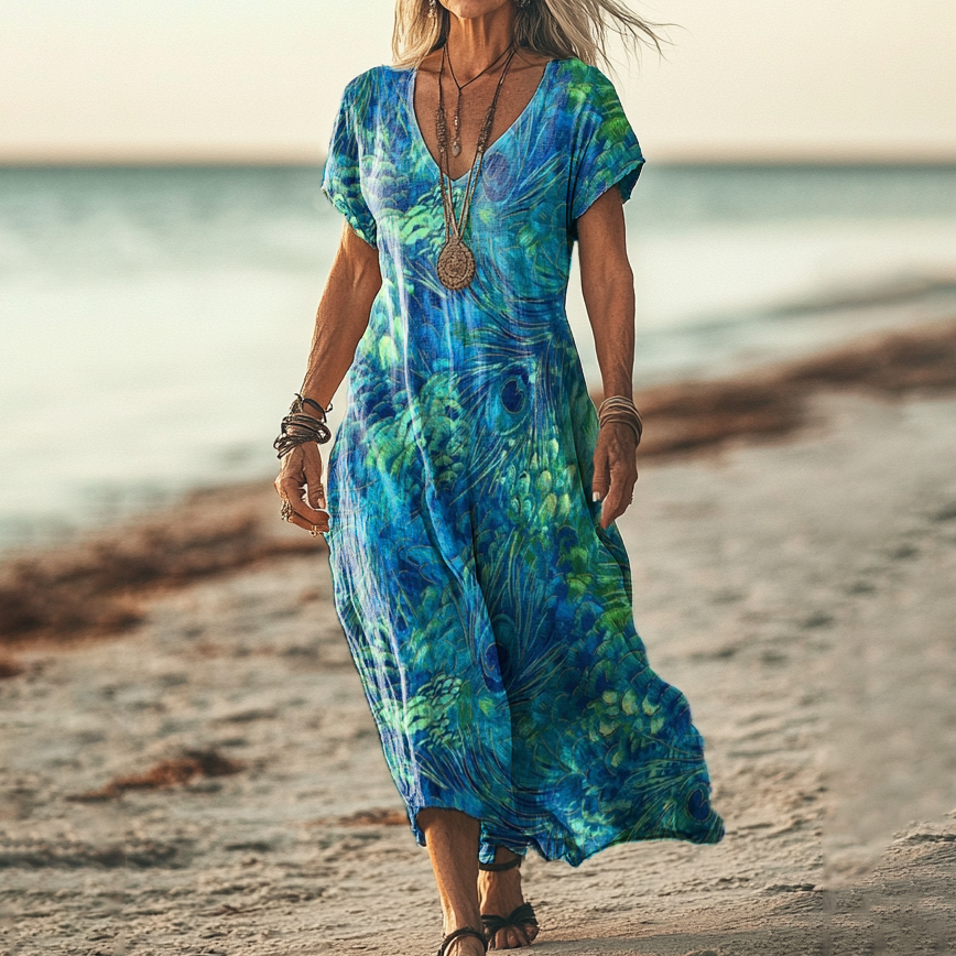 Women's Psychedelic Peacock Feather Art Print V Neck Pocket Cotton Dress