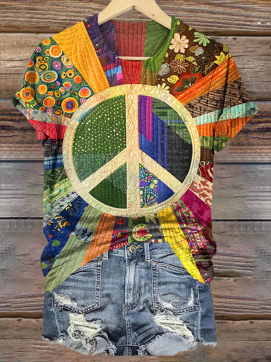 Women's Retro Peace Pattern Print Pocket Cotton Dress